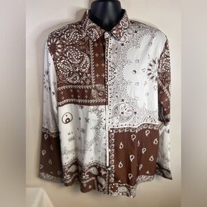 Rome’s Western Paisley Brown, Tan And White Mens Button Up Short Size XXL